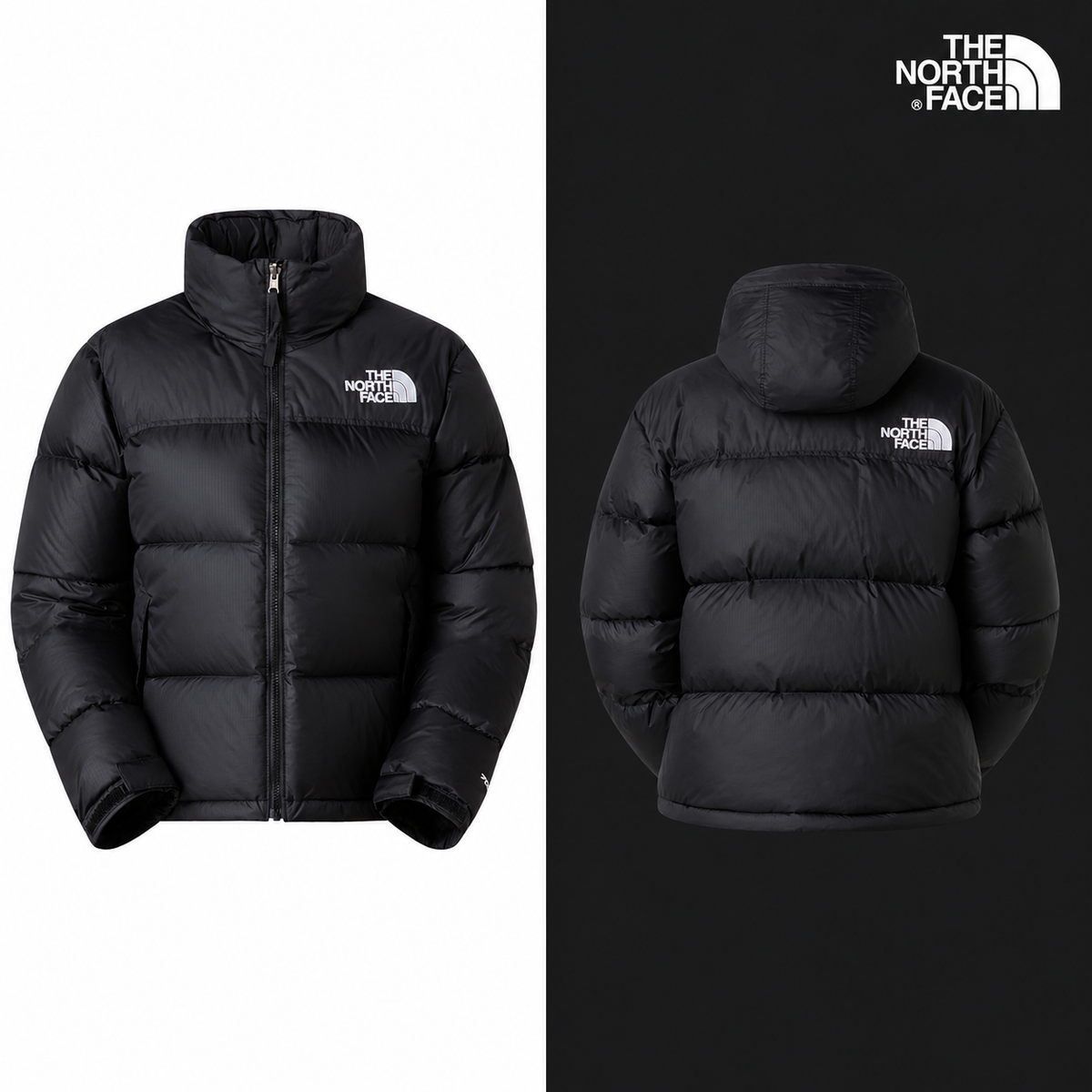 TNF Women’s 1996 Retro Nuptse Jacket in TNF Black-Recycled Down, isolated front and source-backed secondary view.