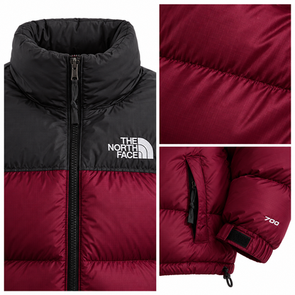 Close-up details of the TNF Men’s 1996 Retro Nuptse Jacket in Burgundy Crush-TNF Black.