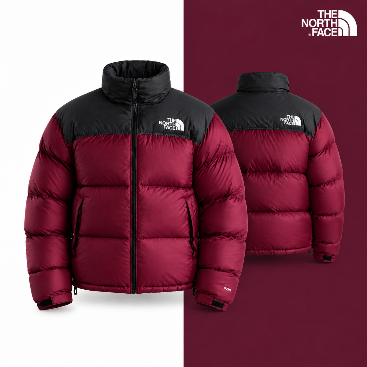 The TNF Men’s 1996 Retro Nuptse Jacket in Burgundy Crush-TNF Black, shown as the colour variant.
