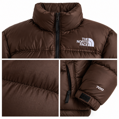 Close-up details of the TNF Women’s 1996 Retro Nuptse Jacket in Dark Chestnut.