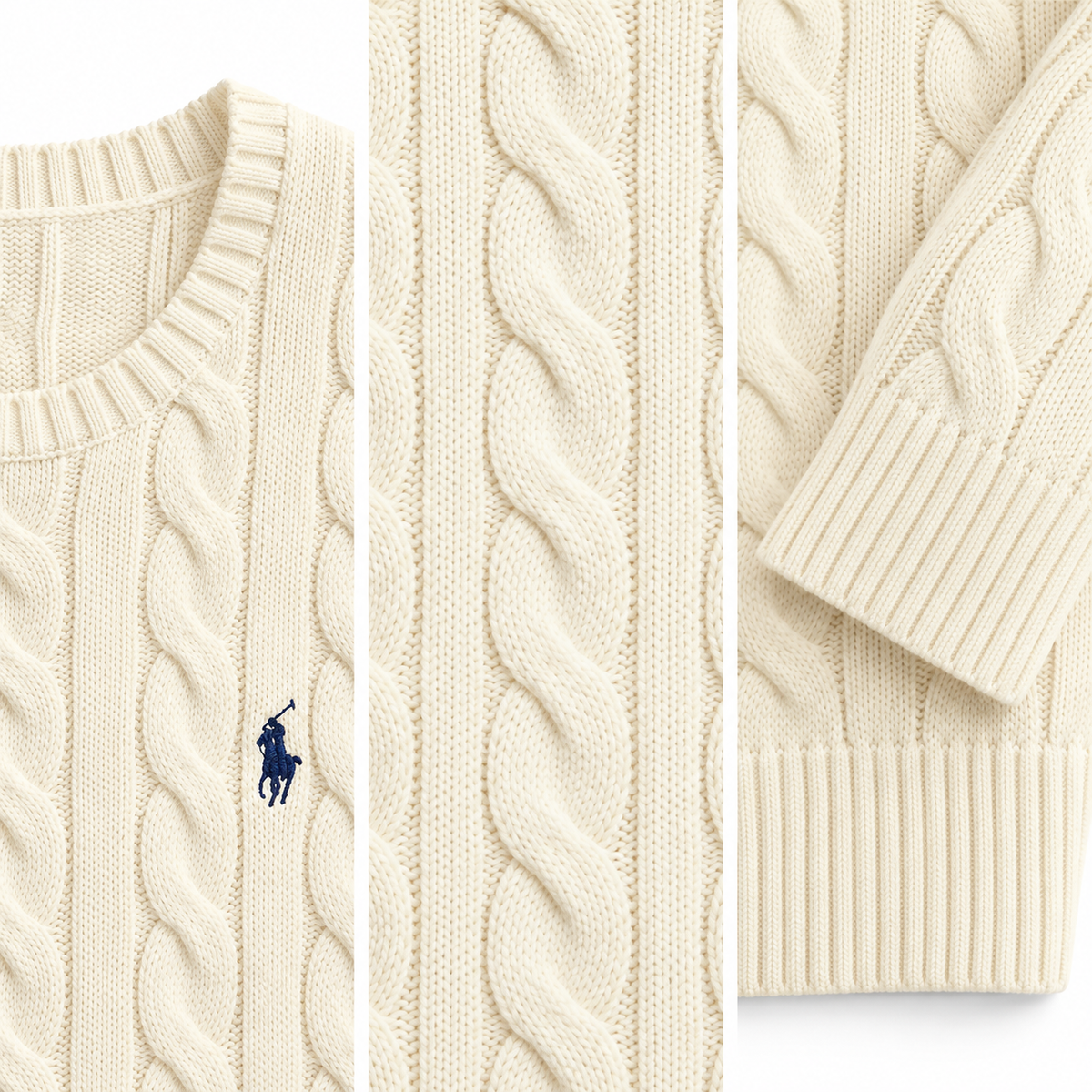 Close-up of the cable-knit texture, crew neck, embroidered Pony and ribbed finishes