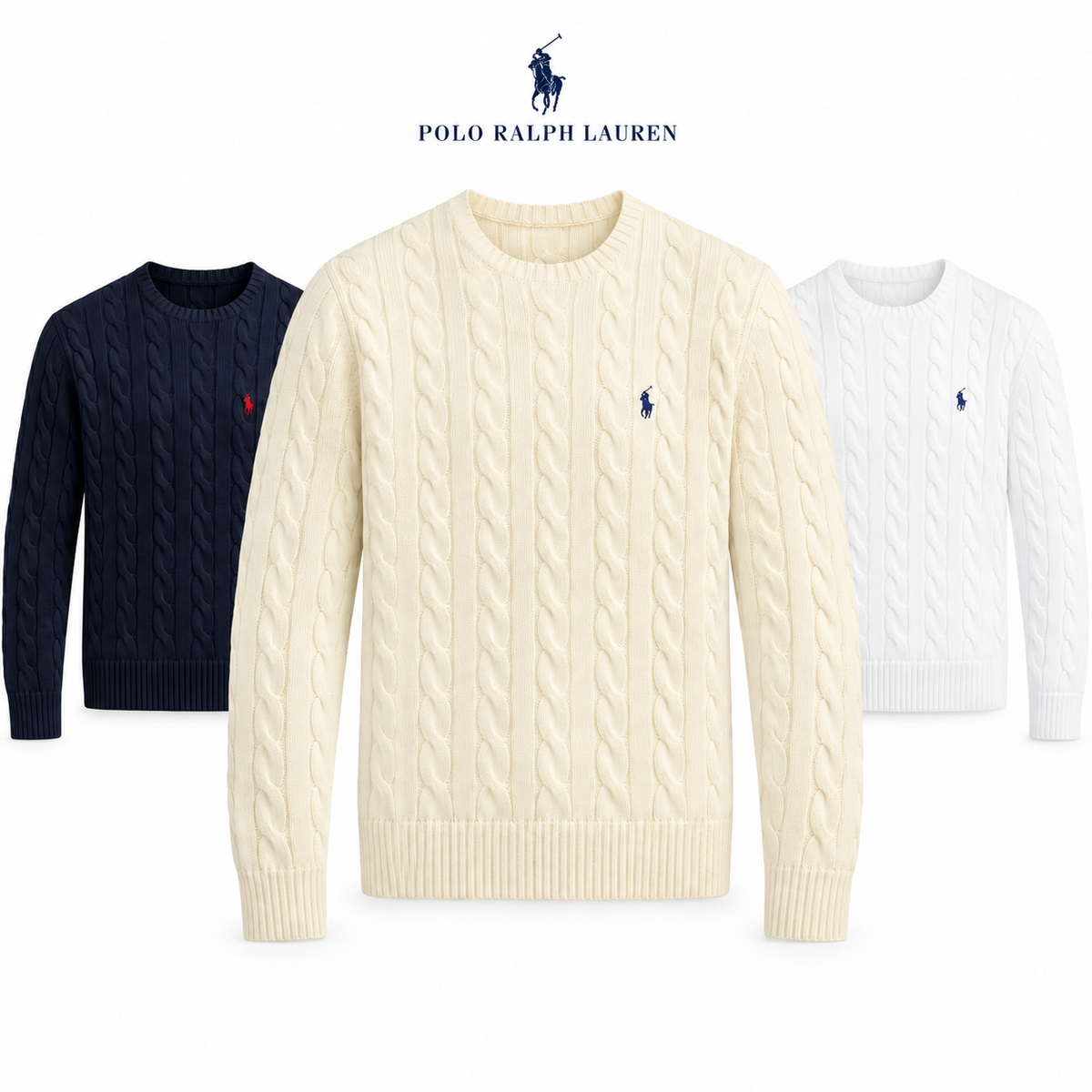 Hero image of the RL Cable-Knit Cotton Crew-Neck Jumper in Andover Cream, Hunter Navy/Red and White