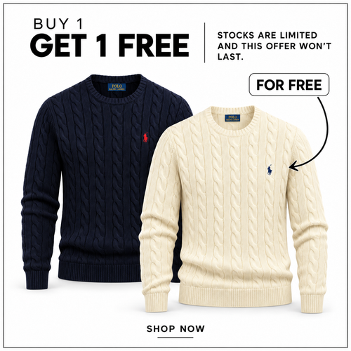 Hero image of the RL Cable-Knit Cotton Crew-Neck Jumper in Andover Cream, Hunter Navy/Red and White