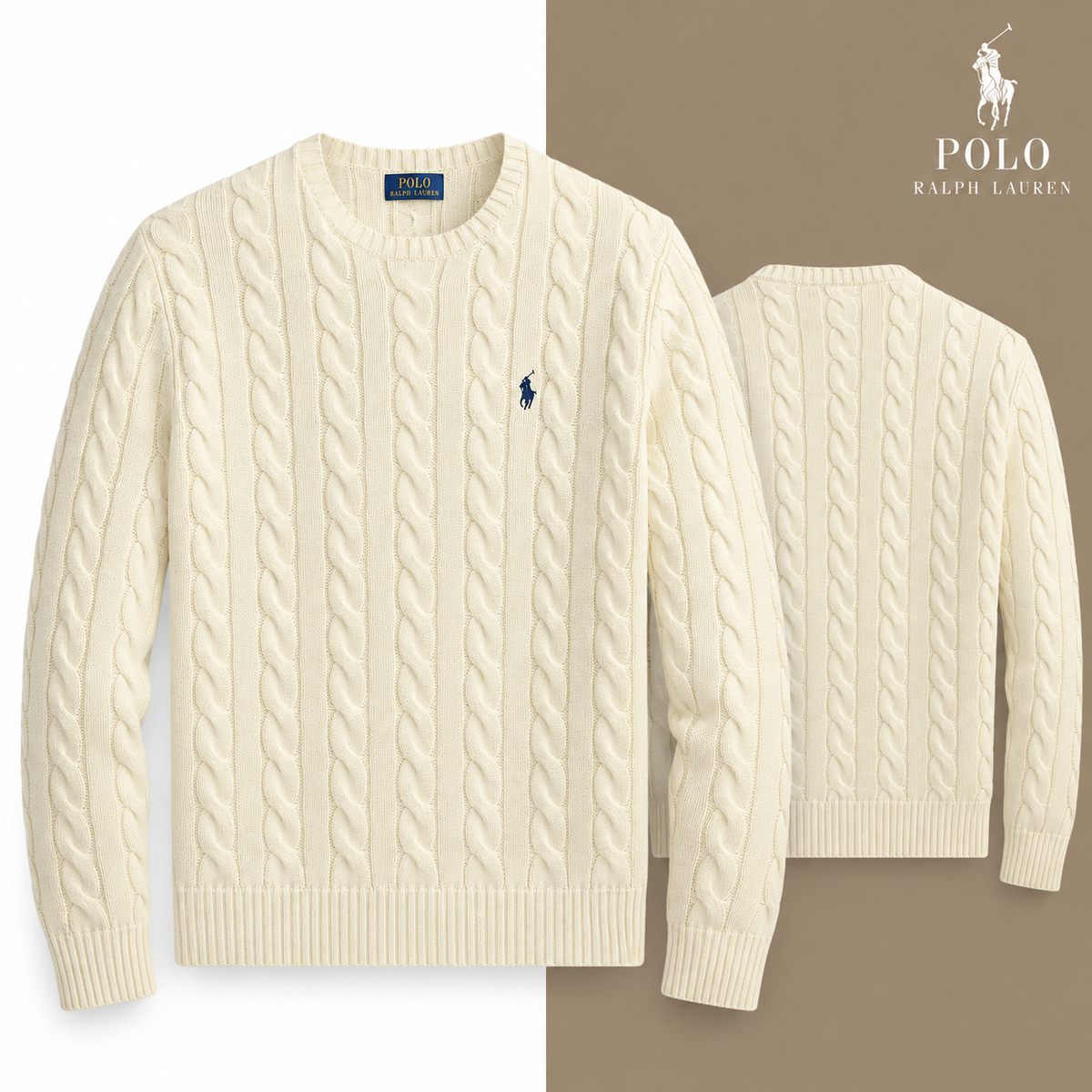 Andover Cream cable-knit cotton crew-neck jumper, front and back views on a white and tonal background
