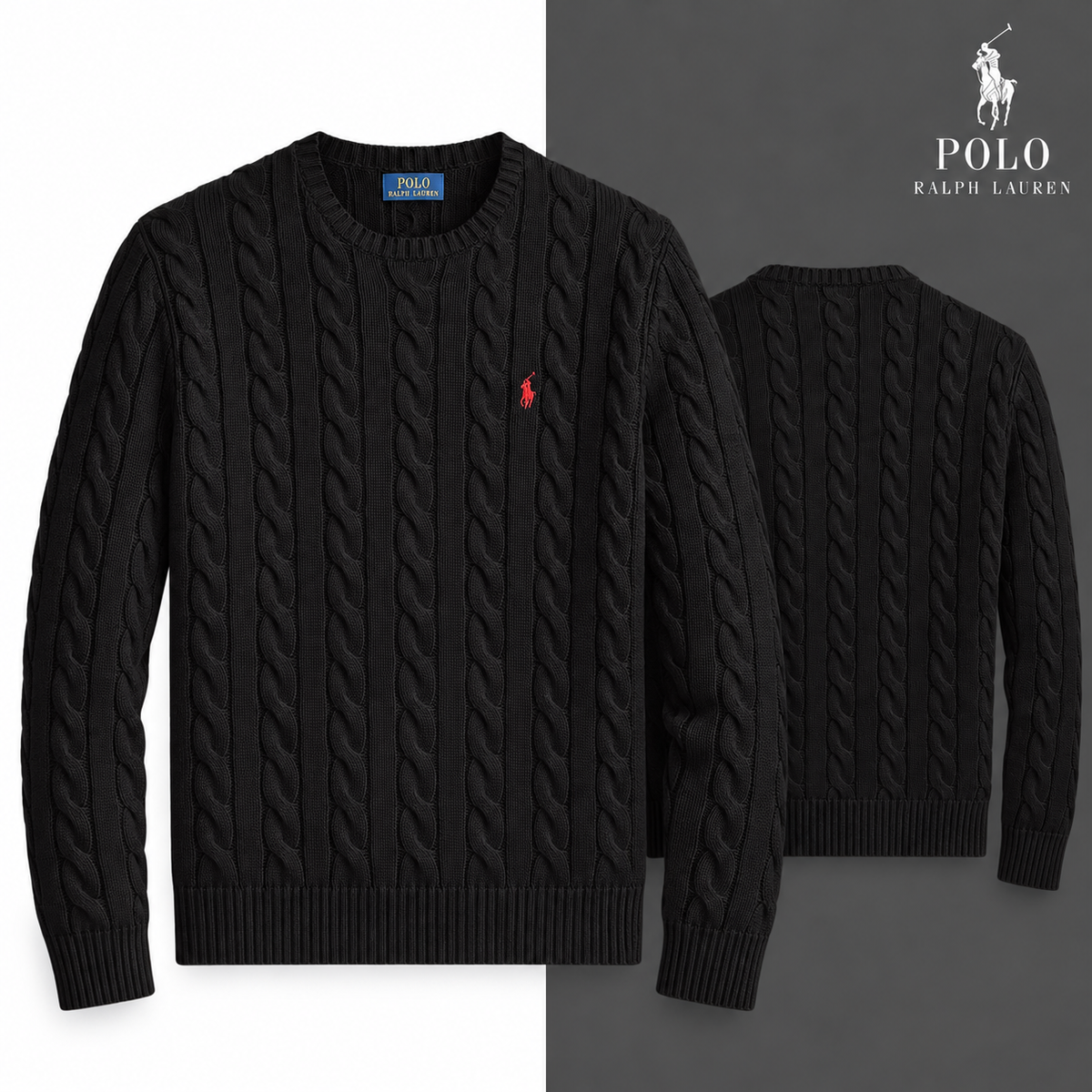 Black cable-knit cotton crew-neck jumper, front and back views on a white and tonal background