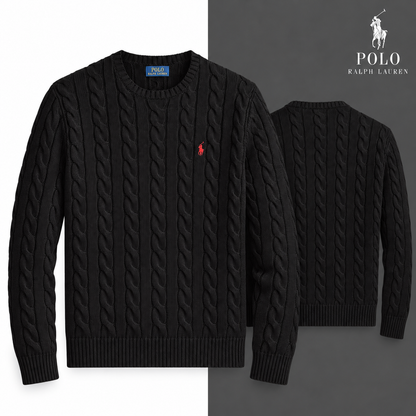 Black cable-knit cotton crew-neck jumper, front and back views on a white and tonal background