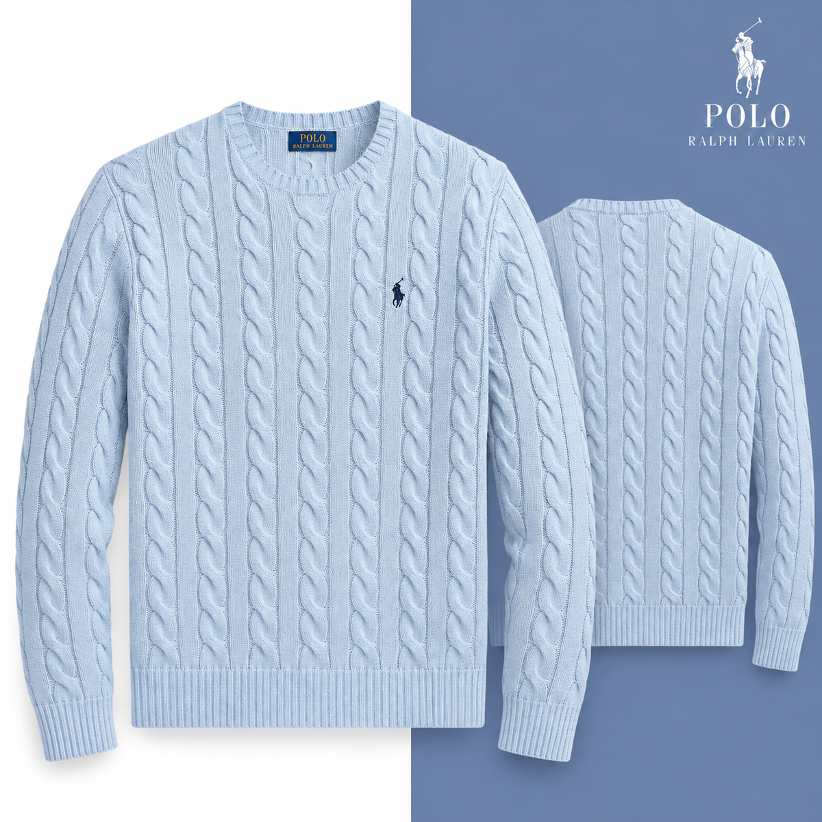 Blue Hyacinth Heather cable-knit cotton crew-neck jumper, front and back views on a white and tonal background