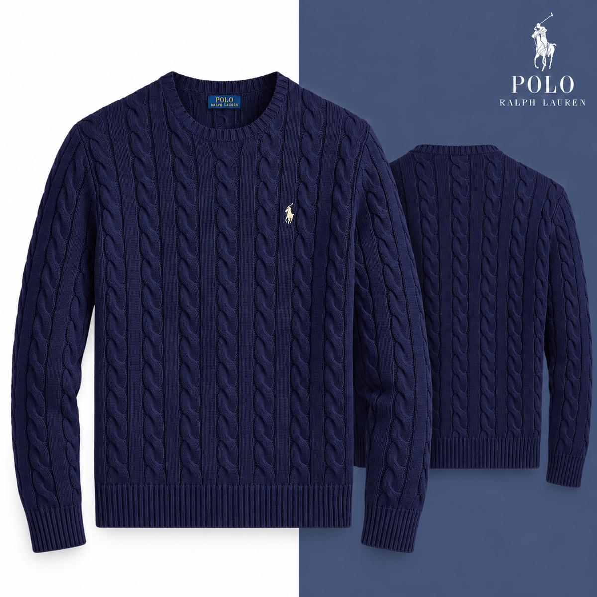 Bright Navy cable-knit cotton crew-neck jumper, front and back views on a white and tonal background