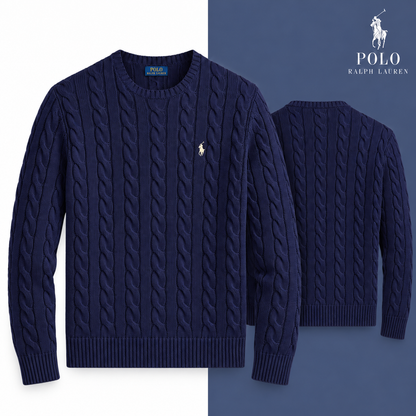 Bright Navy cable-knit cotton crew-neck jumper, front and back views on a white and tonal background