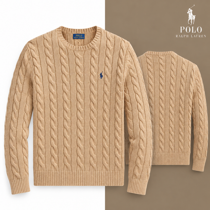 Camel Melange cable-knit cotton crew-neck jumper, front and back views on a white and tonal background