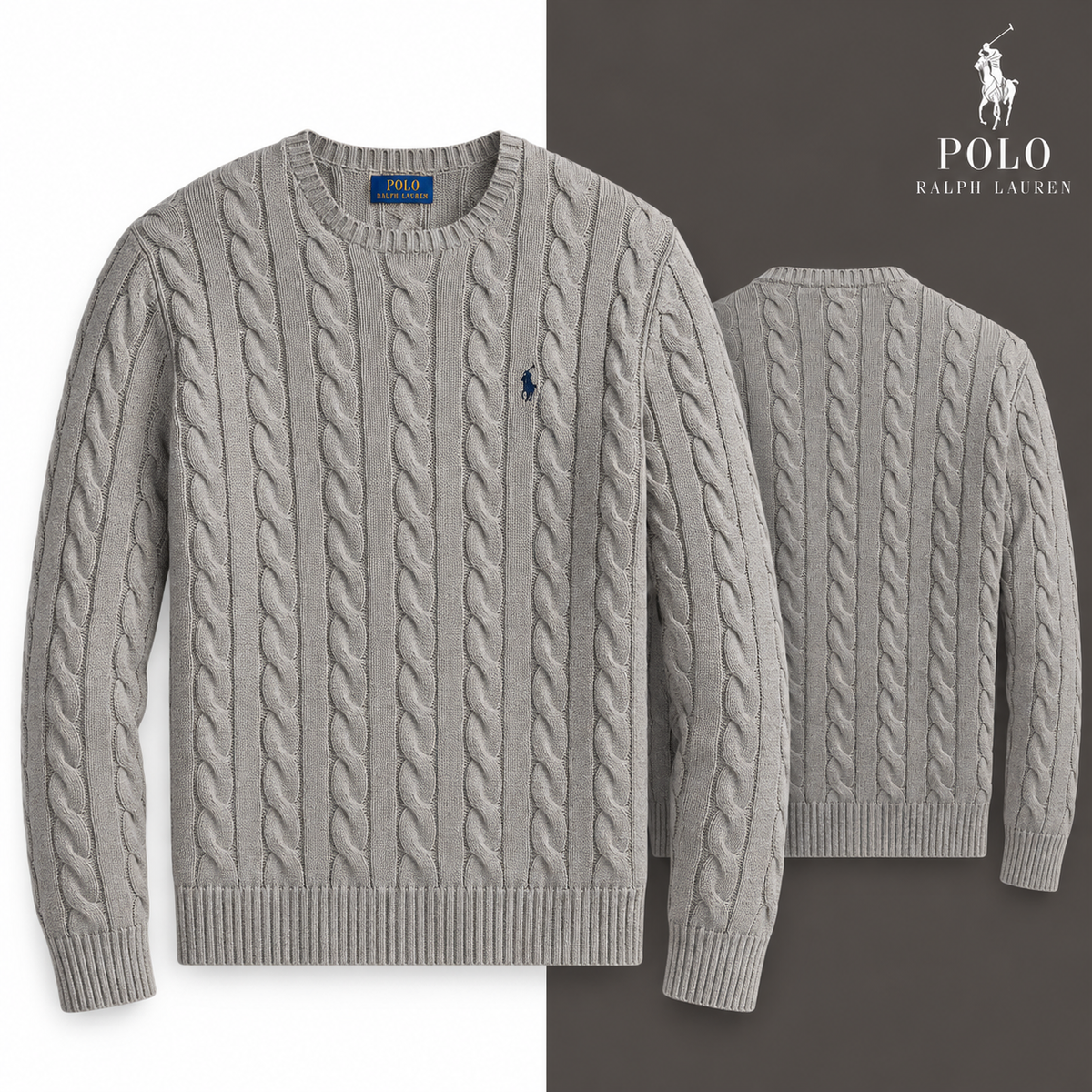 Fawn Grey Heather cable-knit cotton crew-neck jumper, front and back views on a white and tonal background