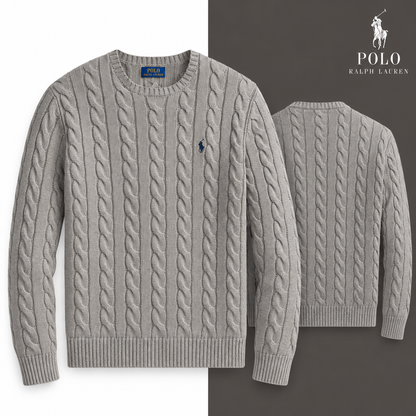 Fawn Grey Heather cable-knit cotton crew-neck jumper, front and back views on a white and tonal background