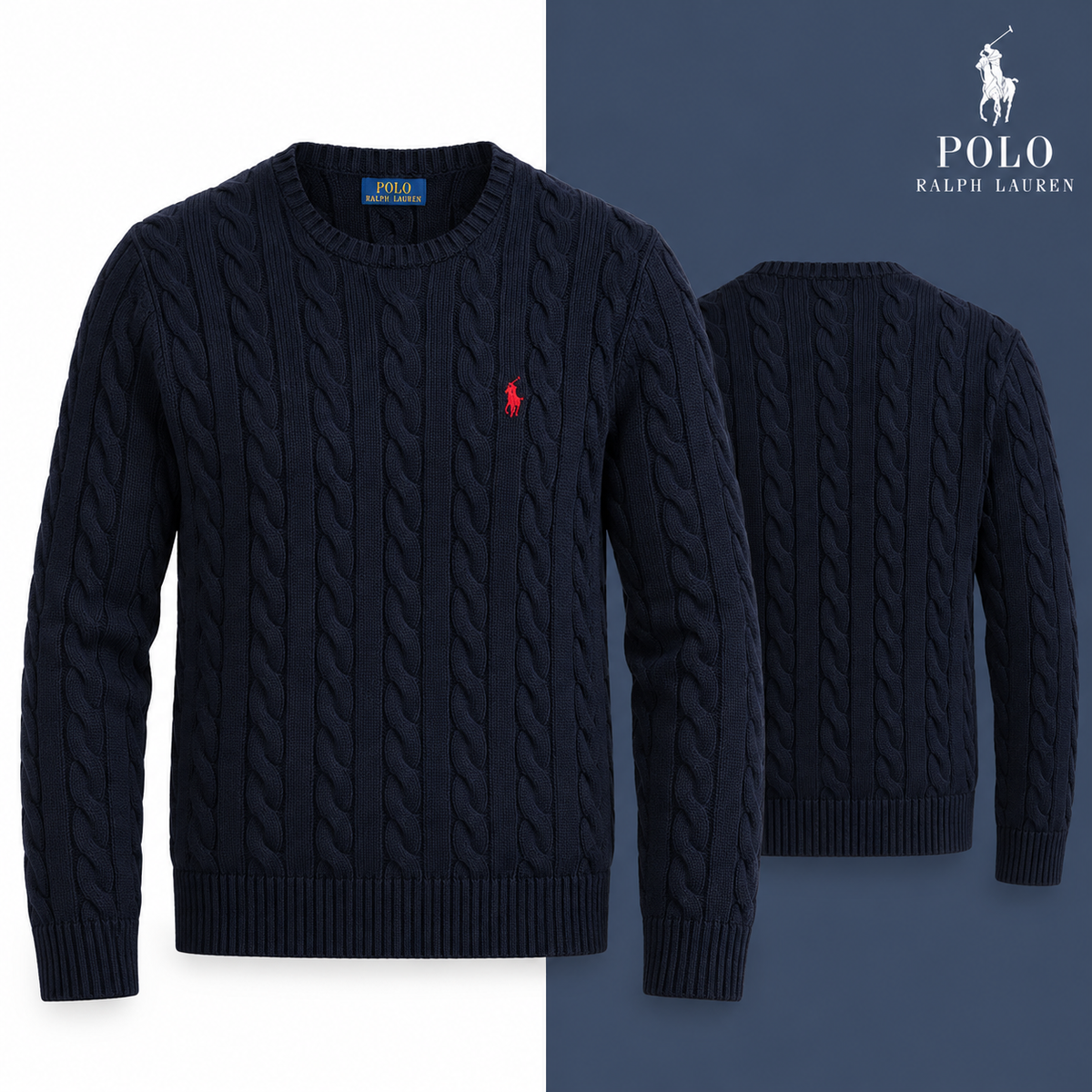 Hunter Navy/Red cable-knit cotton crew-neck jumper, front and back views on a white and tonal background