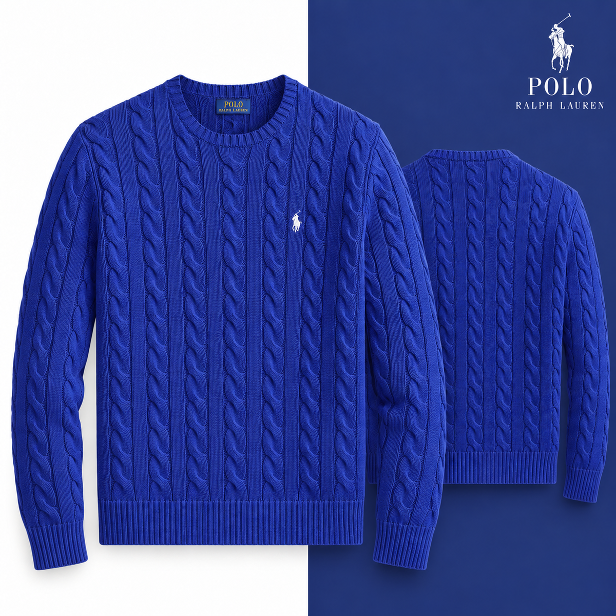 New Iris Blue cable-knit cotton crew-neck jumper, front and back views on a white and tonal background