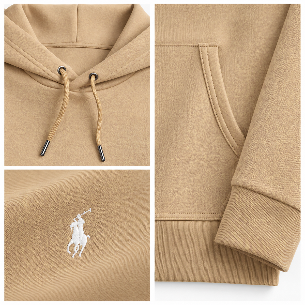 RL Double-Knit Pullover Hoodie in Vintage Khaki, fabric and finishing details