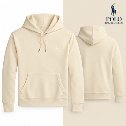 RL Double-Knit Pullover Hoodie in Guide Cream, front and back views