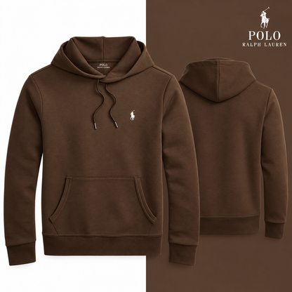 RL Double-Knit Pullover Hoodie in Nutmeg Brown, front and back views