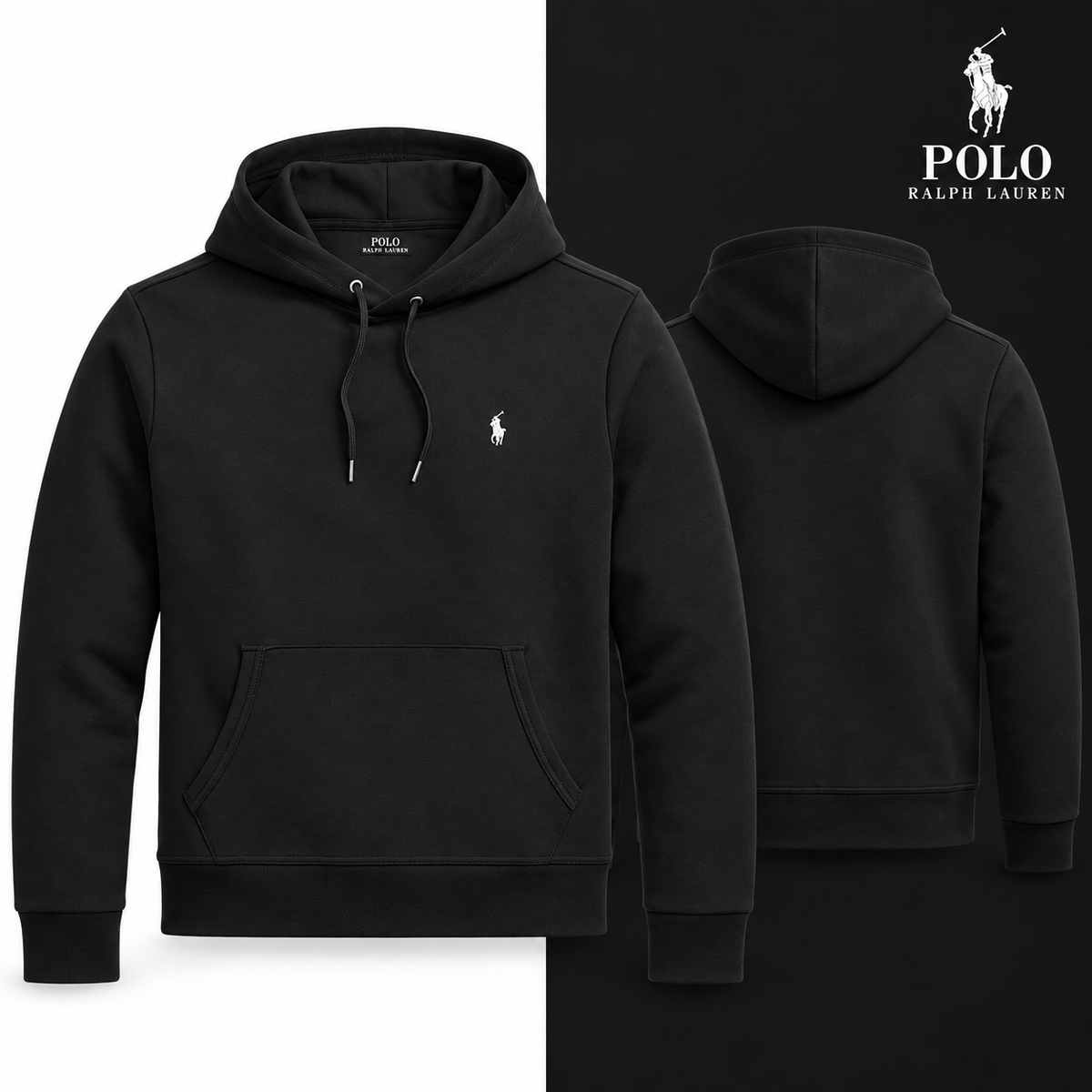 RL Double-Knit Pullover Hoodie in Polo Black, front and back views
