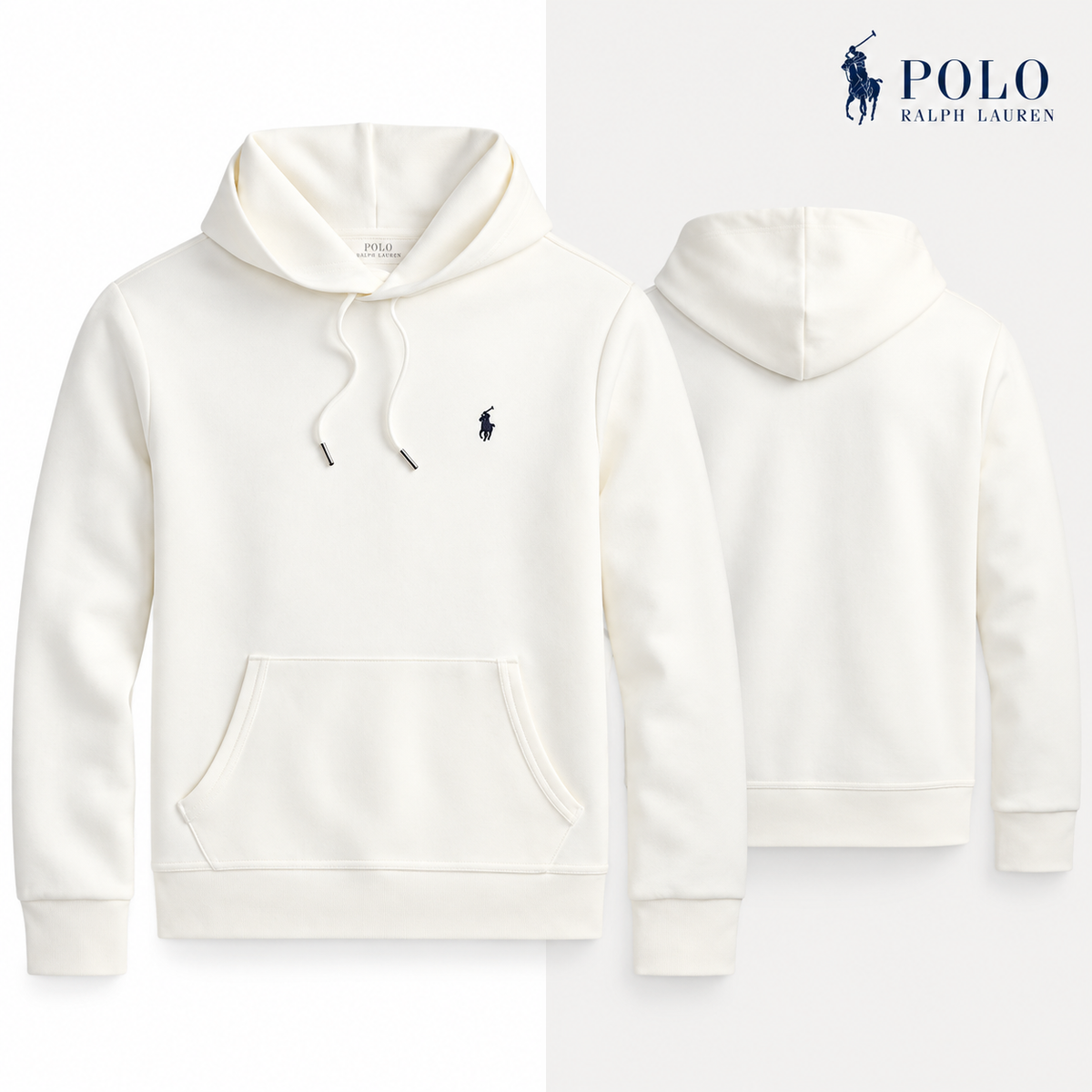 RL Double-Knit Pullover Hoodie in White, front and back views