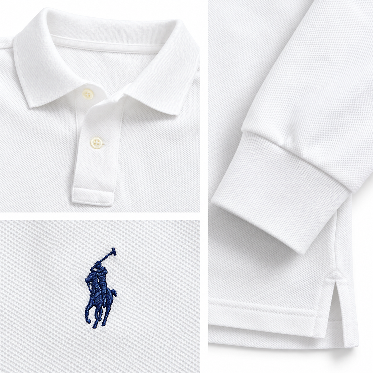 Close-up of the piqué texture, collar and placket in White/Royal Blue