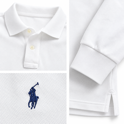 Close-up of the piqué texture, collar and placket in White/Royal Blue