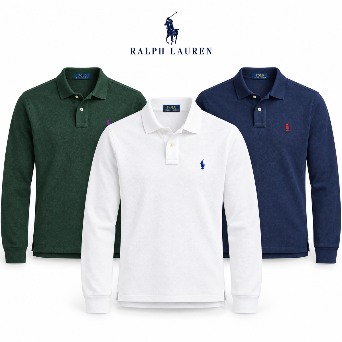 Hero image of the RL Custom Slim-Fit Long-Sleeve Polo Shirt in White/Royal Blue, Scotch Pine Heather and Newport Navy