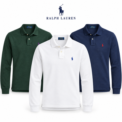 Hero image of the RL Custom Slim-Fit Long-Sleeve Polo Shirt in White/Royal Blue, Scotch Pine Heather and Newport Navy