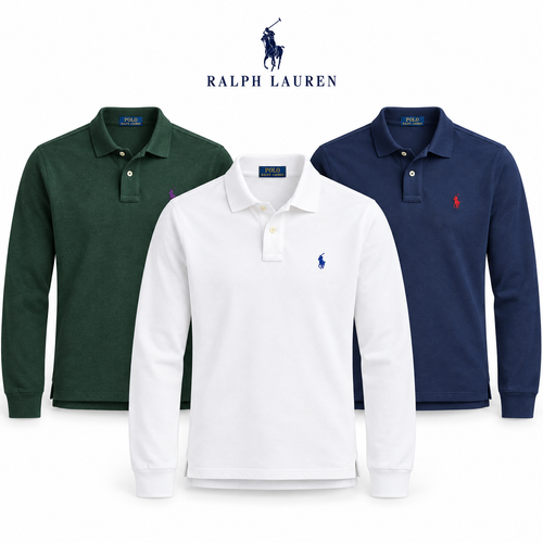 Hero image of the RL Custom Slim-Fit Long-Sleeve Polo Shirt in White/Royal Blue, Scotch Pine Heather and Newport Navy