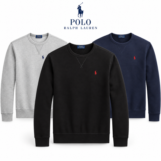 RL Fleece Crew-Neck Sweatshirt in three real colours on a white background