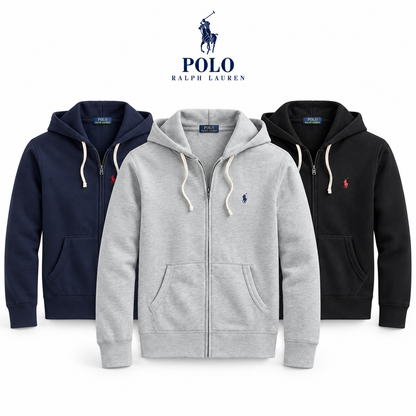 RL Full-Zip Fleece Hoodie in three real colours on a white background