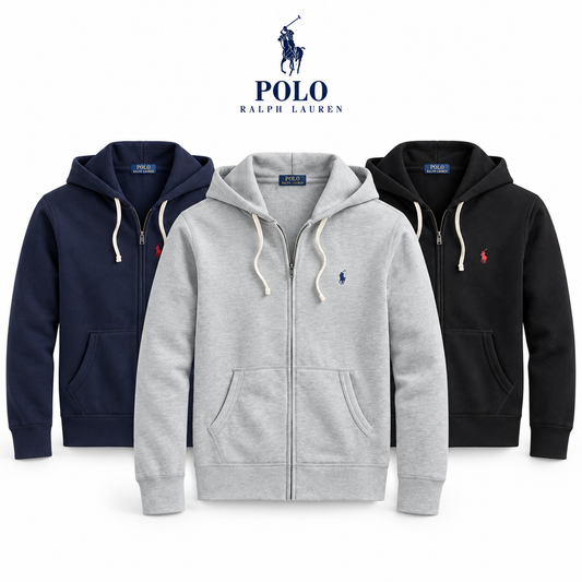 RL Full-Zip Fleece Hoodie in three real colours on a white background