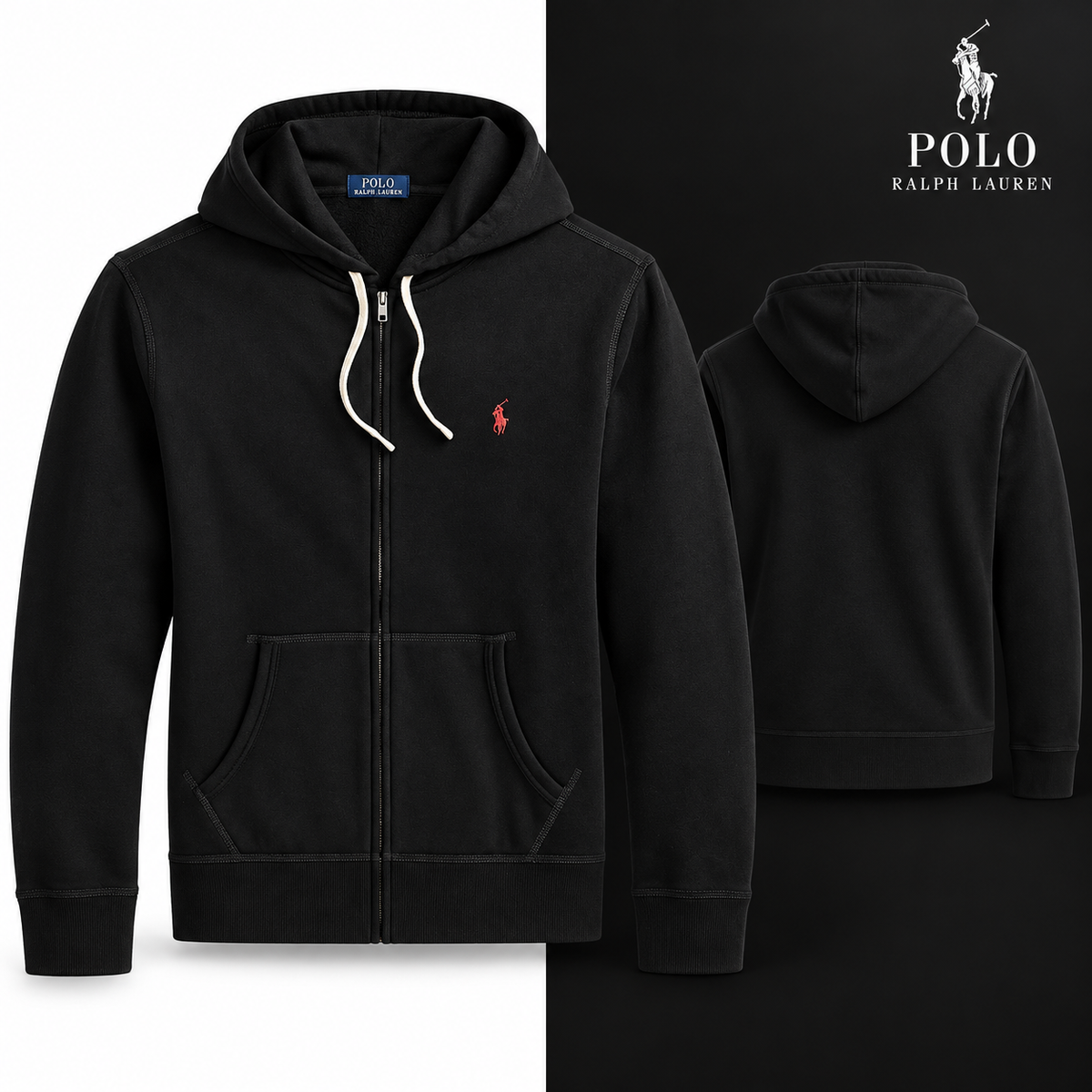 RL Full-Zip Fleece Hoodie in Black, front and back views