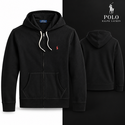 RL Full-Zip Fleece Hoodie in Black, front and back views