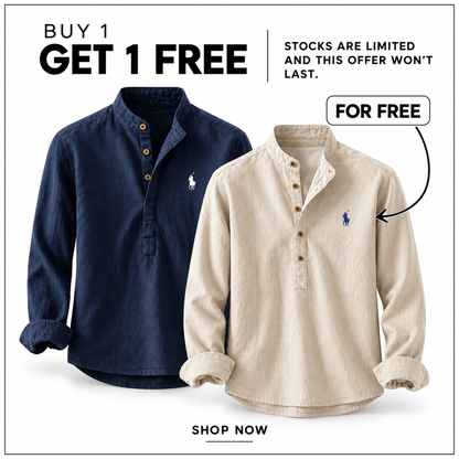 RL Mandarin-Collar Shirt in Navy and Beige — Buy 1 Get 1 Free promotion.