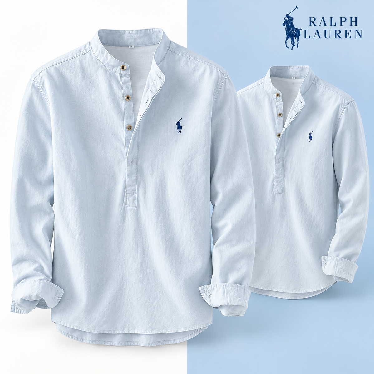 Light Blue mandarin-collar shirt, front and three-quarter front views