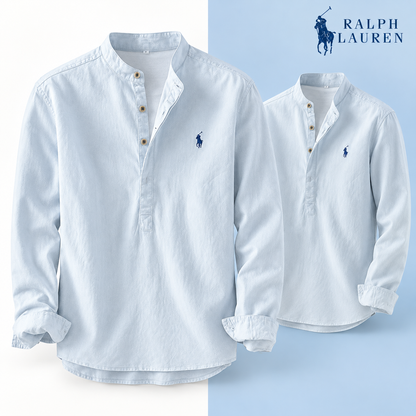 Light Blue mandarin-collar shirt, front and three-quarter front views