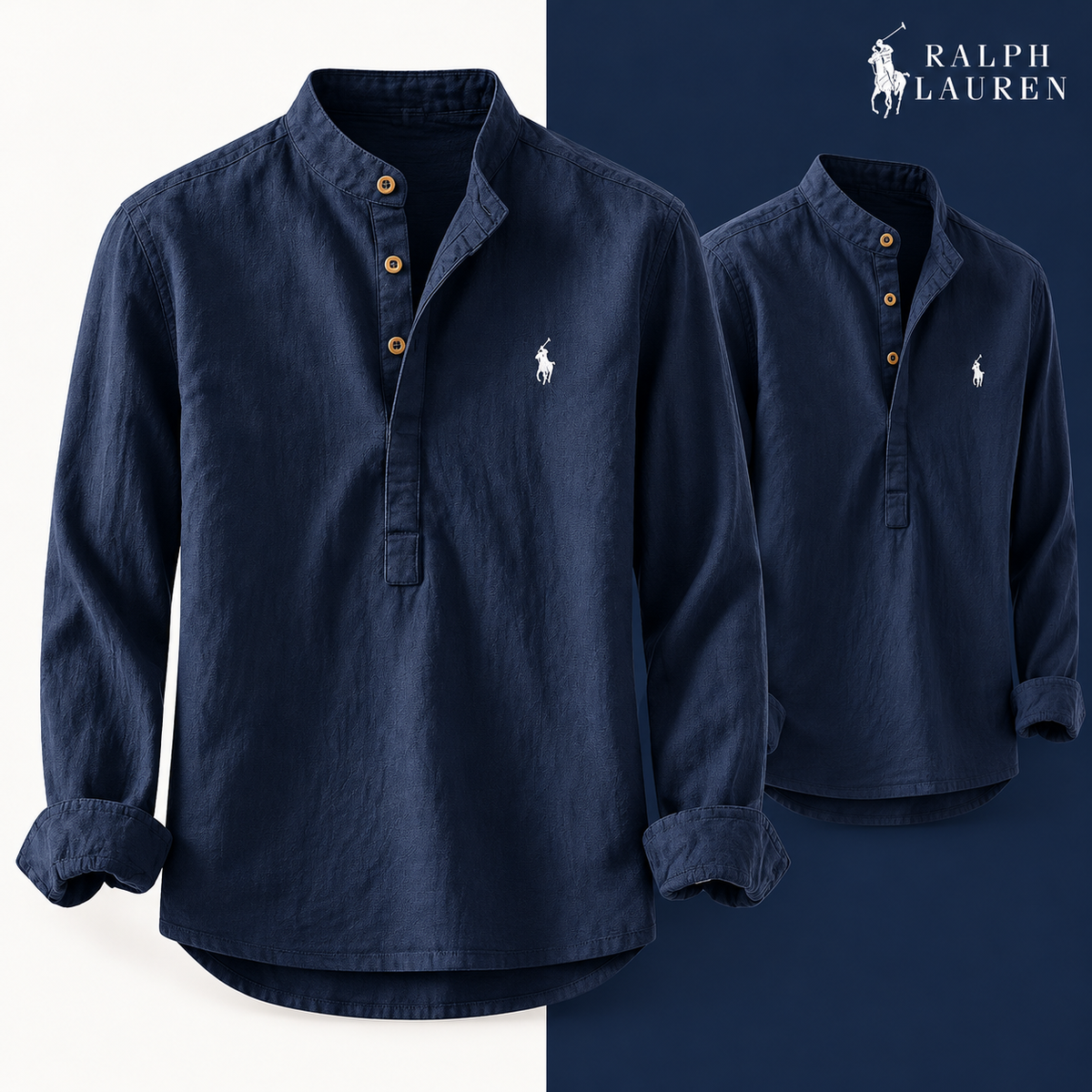 Navy mandarin-collar shirt, front and three-quarter front views