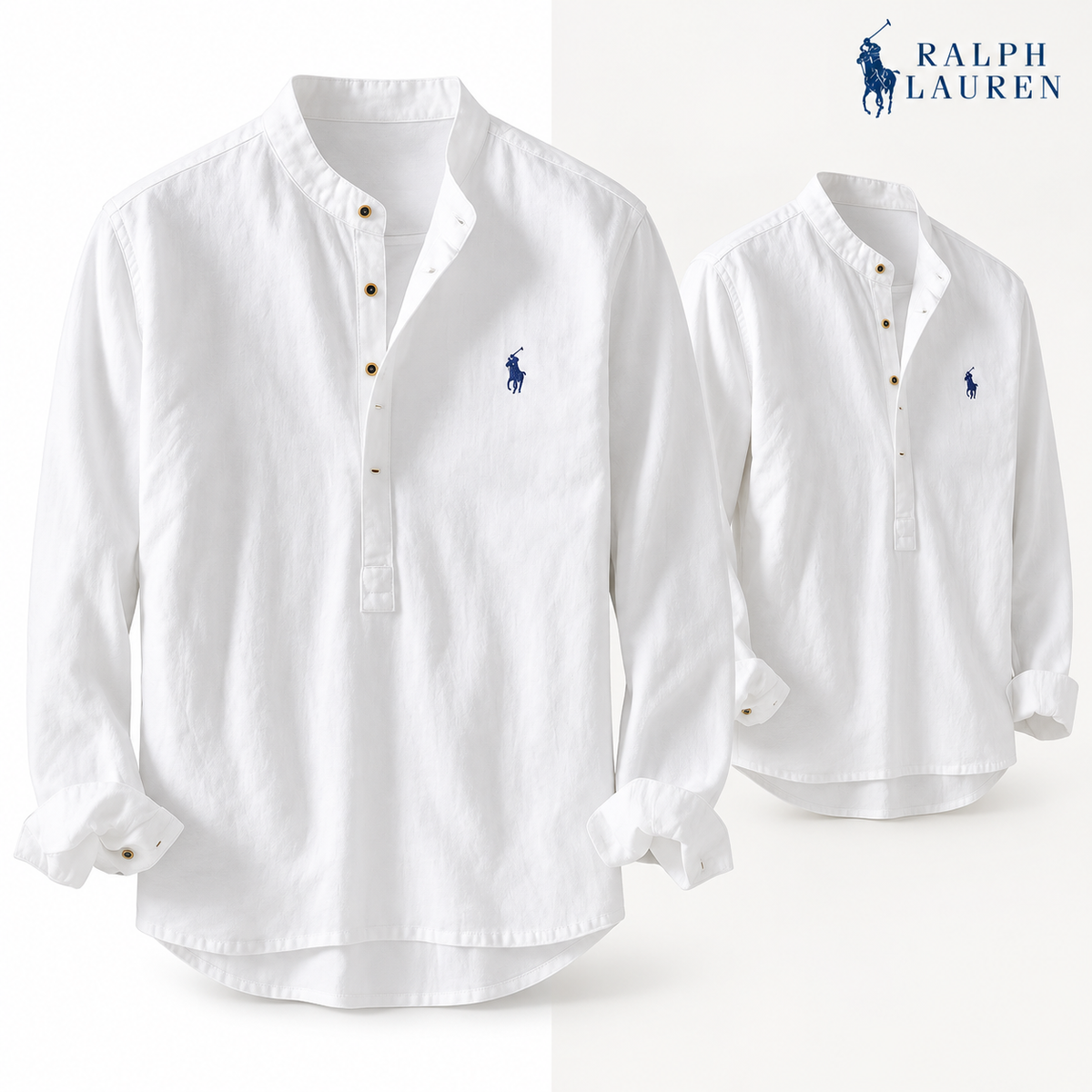 White mandarin-collar shirt, front and three-quarter front views