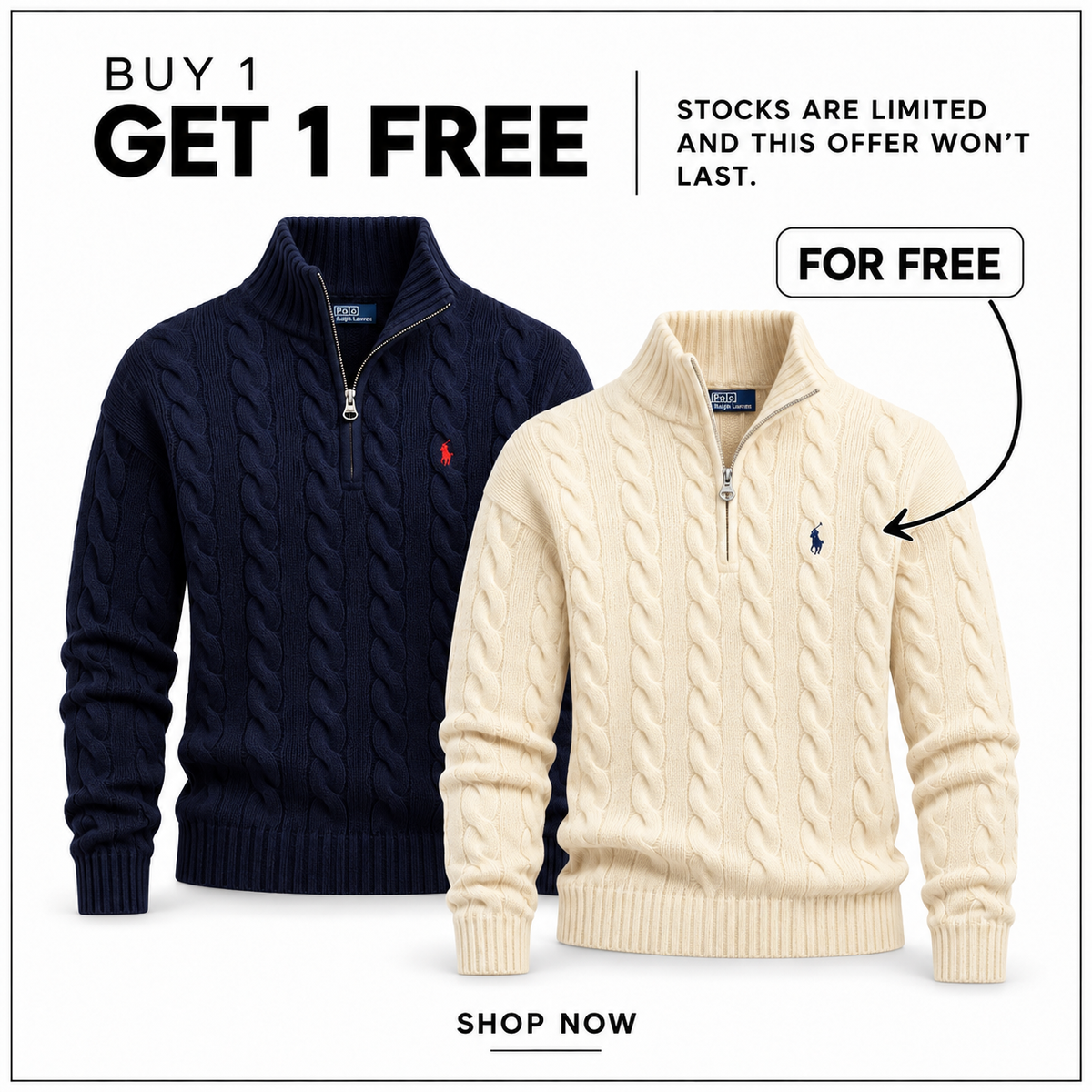 Hero image for the RL Wool-Cashmere Cable Half-Zip Jumper