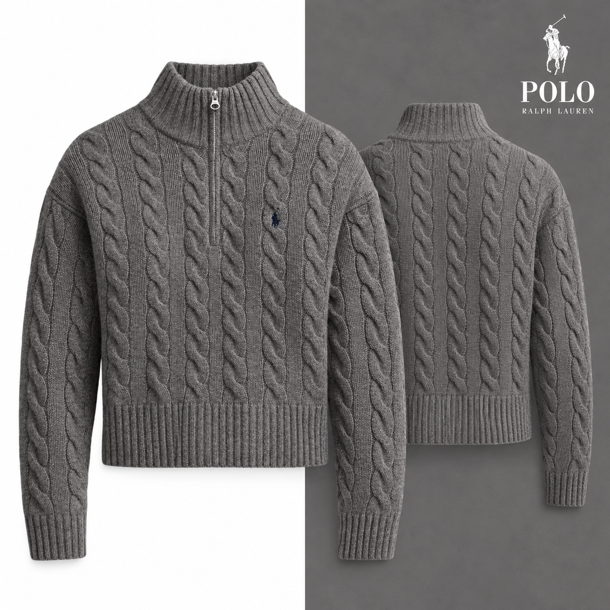Flannel Grey Heather cable-knit half-zip jumper colour variant